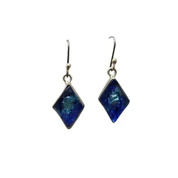 925 Sterling Silver Navy Blue Art Glass Triangle Dangle Drop Earrings VTG - Picture 1 of 5